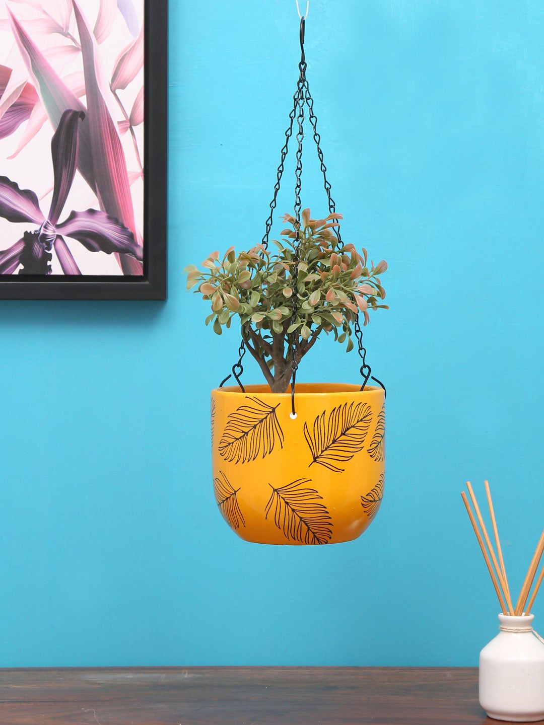 Athome by Nilkamal Mustard Yellow & Green Textured Terracotta Hanging Planter with Chain Price in India