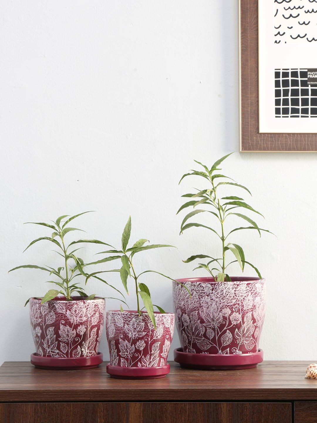 Athome by Nilkamal Set Of 3 Purple & White Floral Leaf Printed Planters Price in India