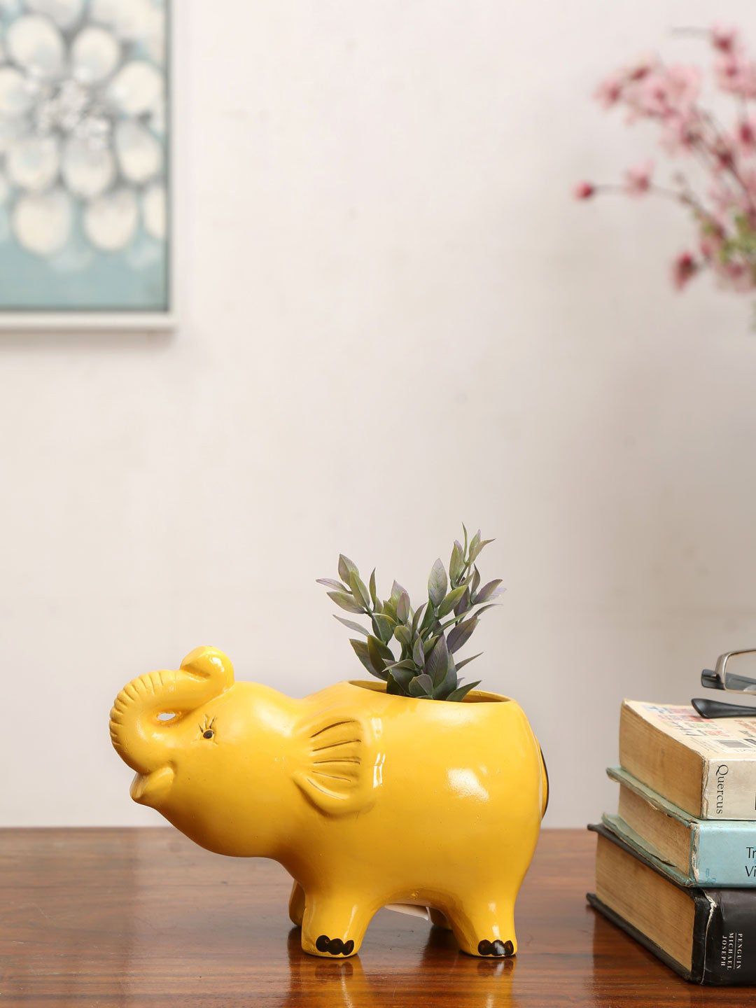 Athome by Nilkamal Mustard Yellow Solid Elephant Terracotta Planter Price in India