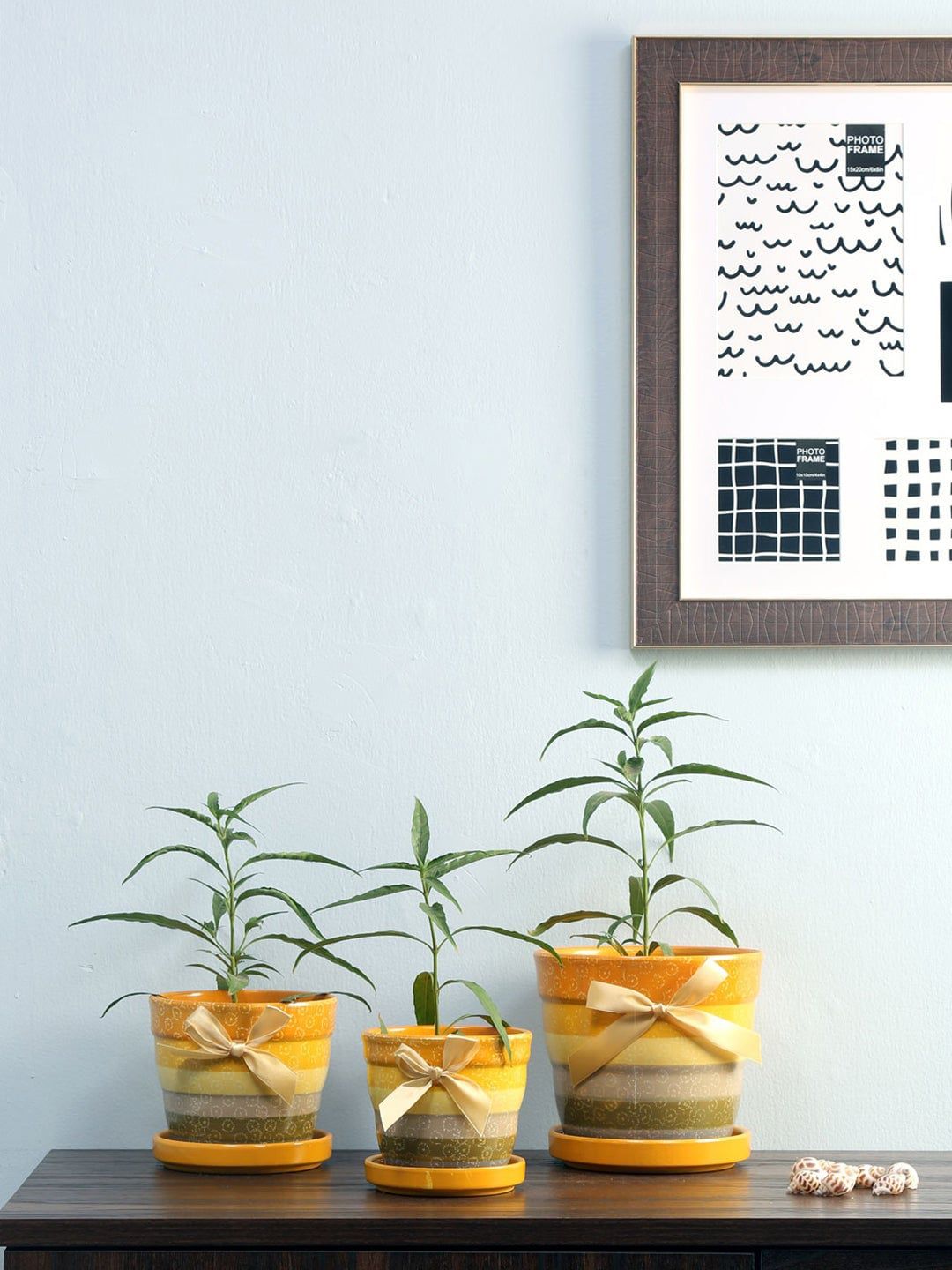 Athome by Nilkamal Set OF 3 Mustard Yellow & Grey Printed Terracotta Planters Price in India
