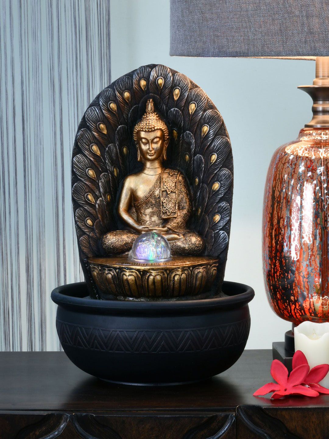 Athome by Nilkamal Gold-Toned & Brown Buddha Peacock Water Fountain Price in India