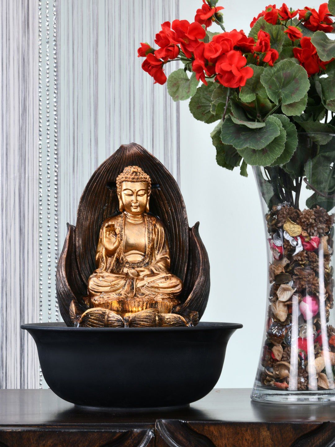 Athome by Nilkamal Gold-Coloured & Black Buddha On Flower Water Fountain Price in India