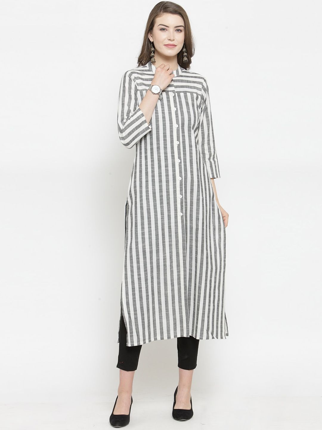 Jompers Women Grey Striped Kurta Price in India