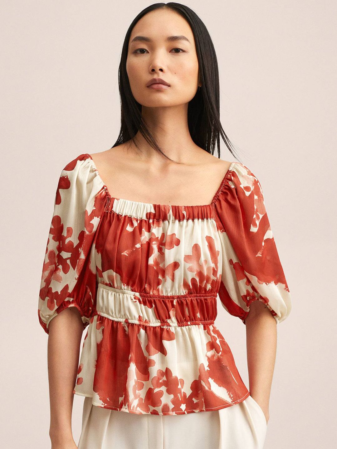 MANGO Women Red & Beige Abstract Print A-Line Top Price in India