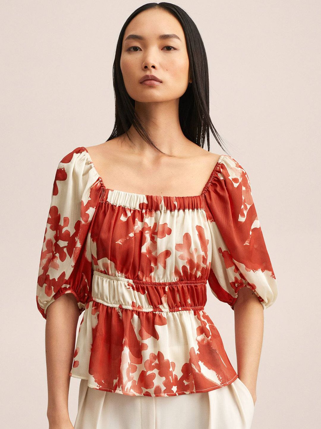 MANGO Women Red & Beige Abstract Print A-Line Top