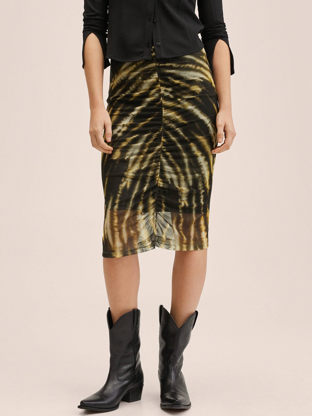 MANGO Women Black & Yellow Tie & Dye Ruched Pencil Skirt Price in India
