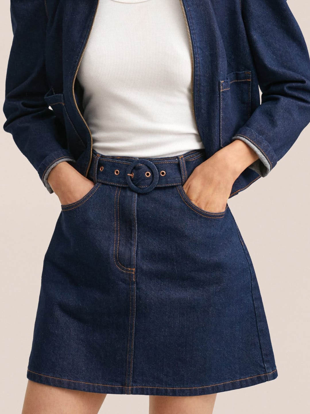MANGO Women Navy Blue Solid Pure Cotton Denim Skirt Price in India