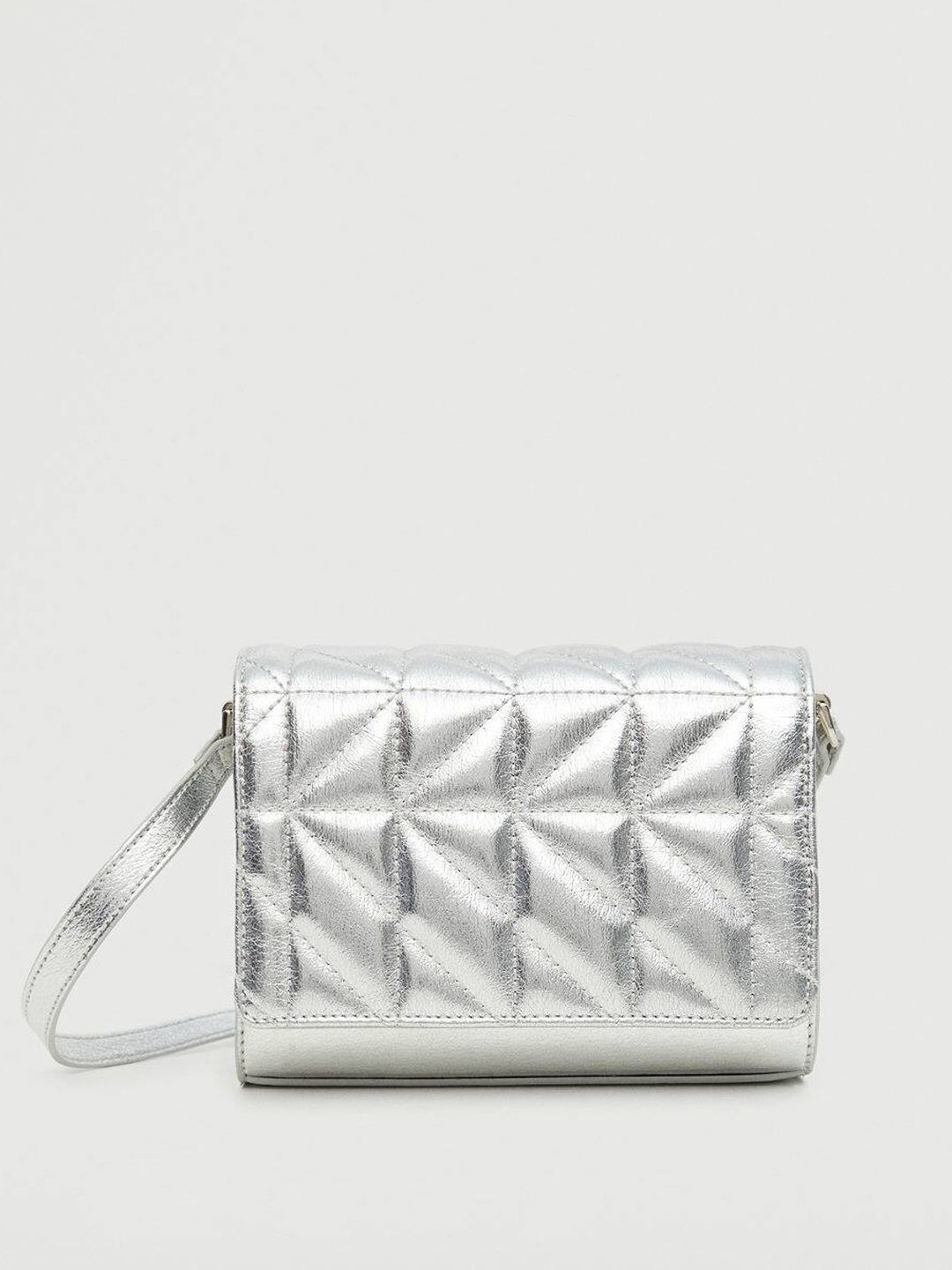 MANGO Silver-Toned Quilted Structured Sling Bag with Non-Detachable Sling Strap Price in India