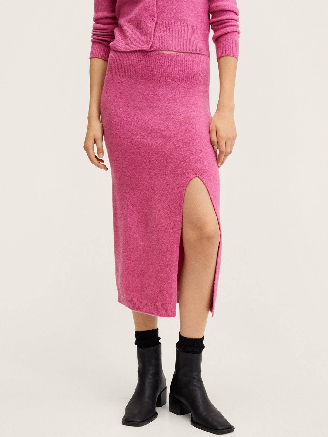 MANGO Women Pink Ribbed Slit Knitted Pencil Skirt Price in India