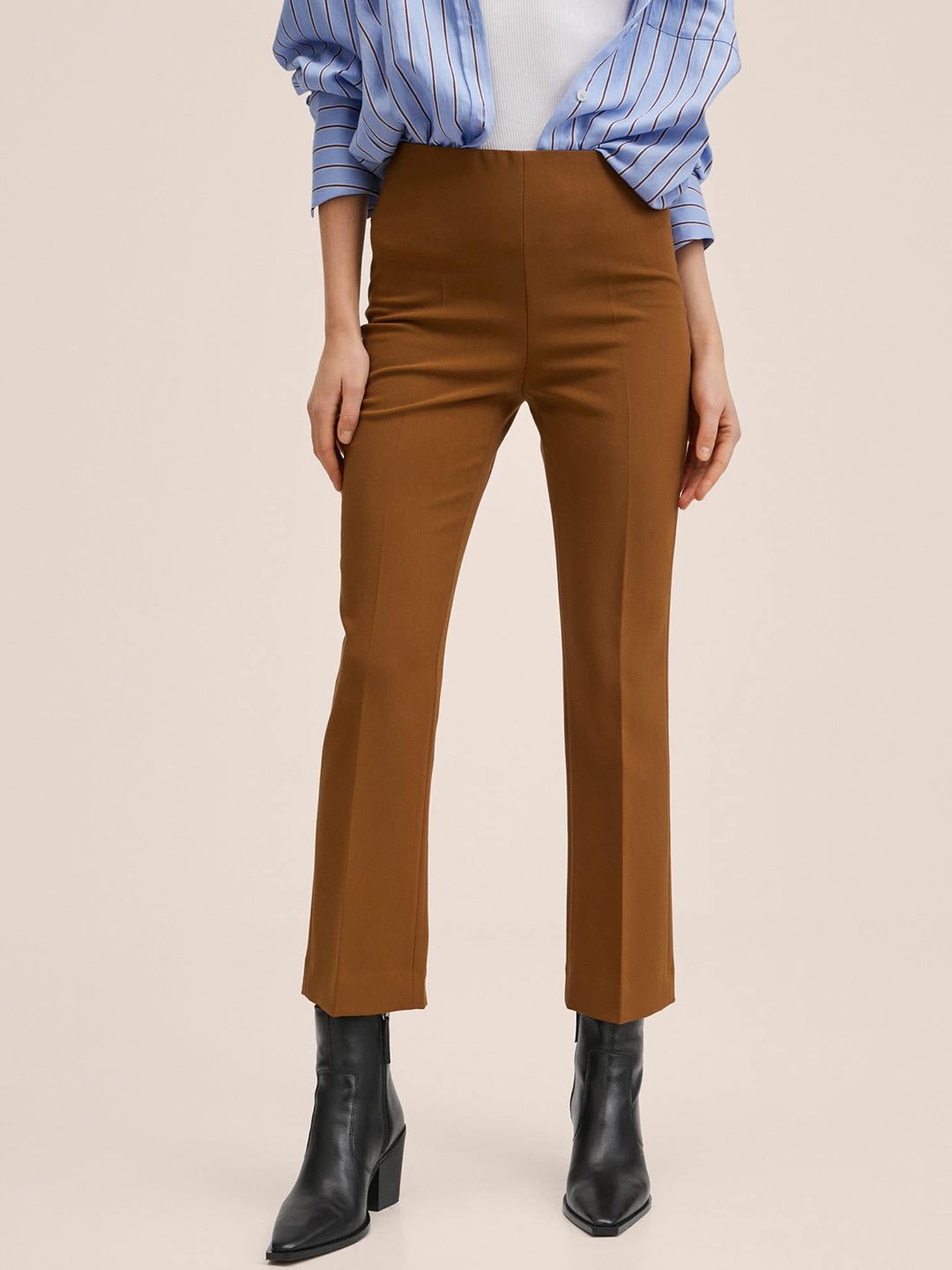 MANGO Women Mustard Brown Solid Trousers Price in India