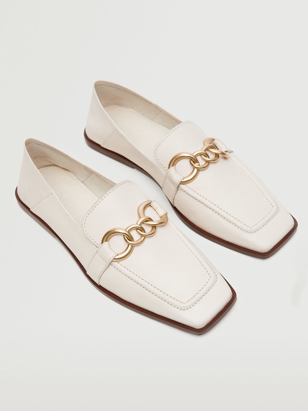 MANGO Women Off White & Gold-Toned Solid Leather Loafers Price in India