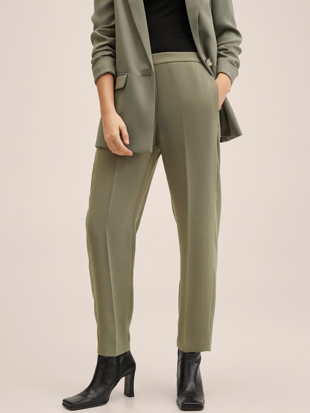 MANGO Women Green Solid Formal Trousers Price in India