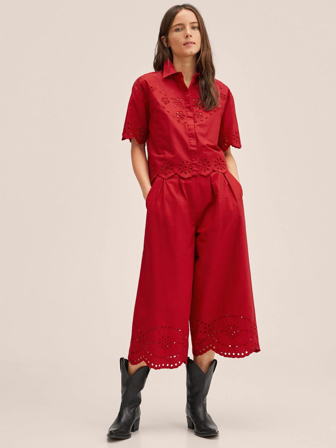 MANGO Women Red Pure Cotton Schiffli Embroidered Detail High-Rise Culottes Price in India