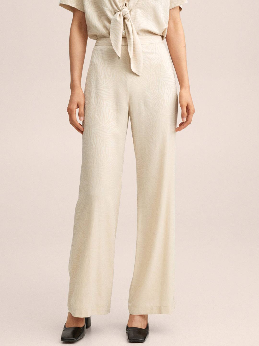 MANGO Women Cream-Coloured Self Design Trousers Price in India