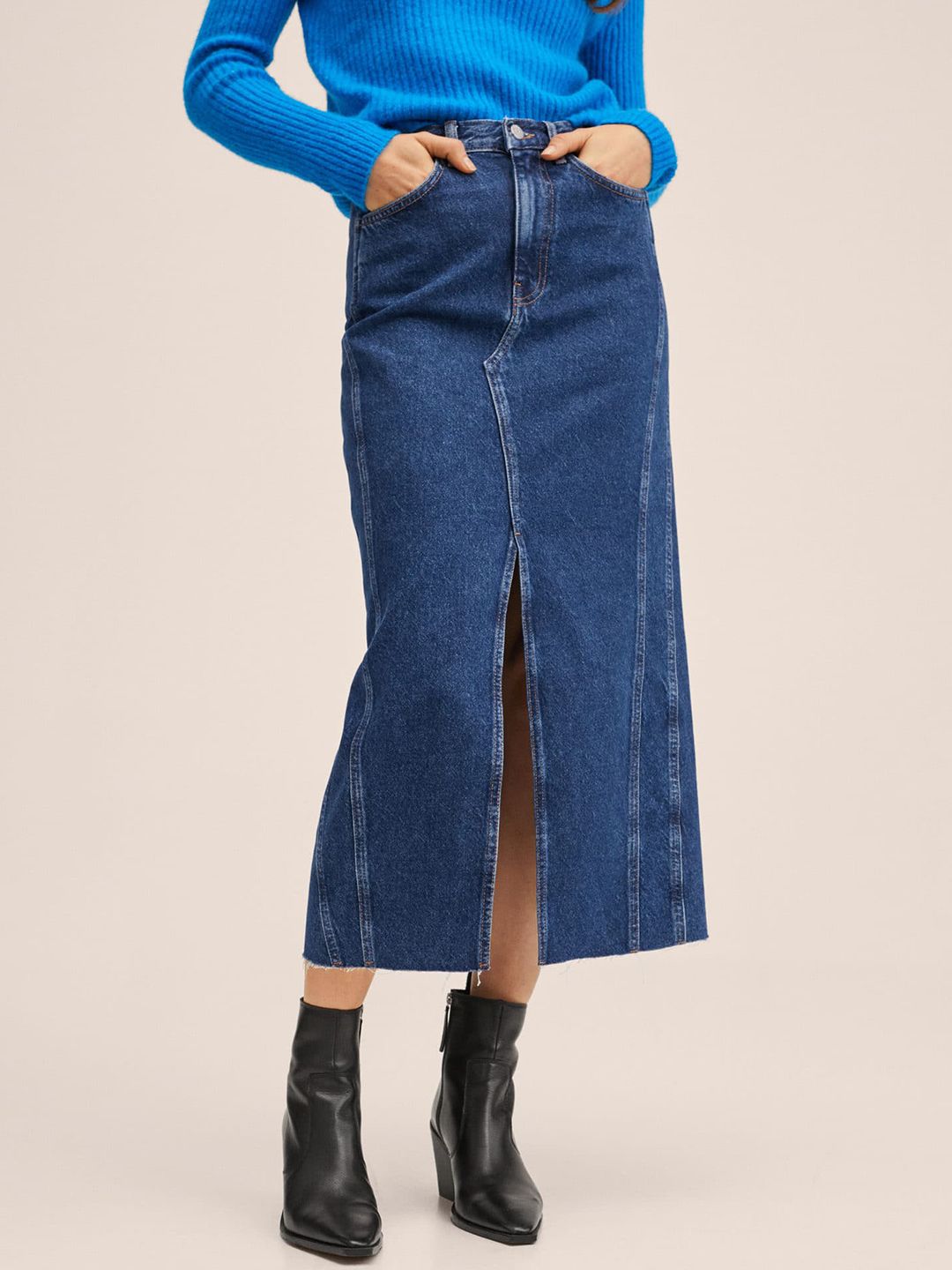 MANGO Women Navy Blue Solid Pure Cotton Slit Denim Midi Skirt Price in India