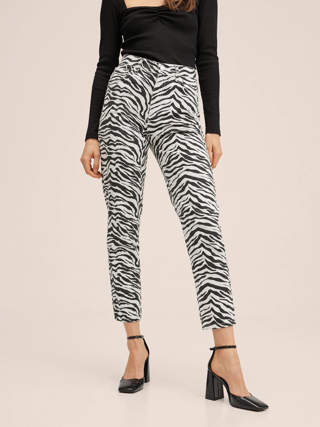 MANGO Women Black High-Rise Zebra Printed Mom Fit Pure Cotton Jeans Price in India