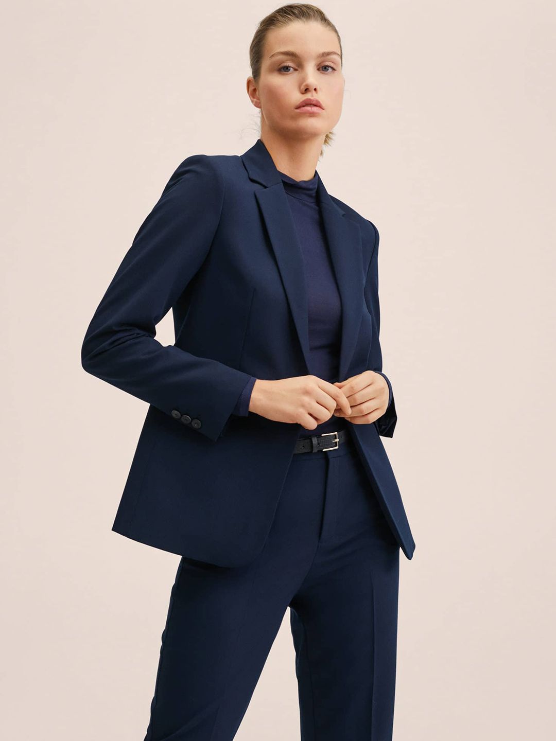 MANGO Women Navy Blue Solid Tailored Design Fitted Blazer Price in India