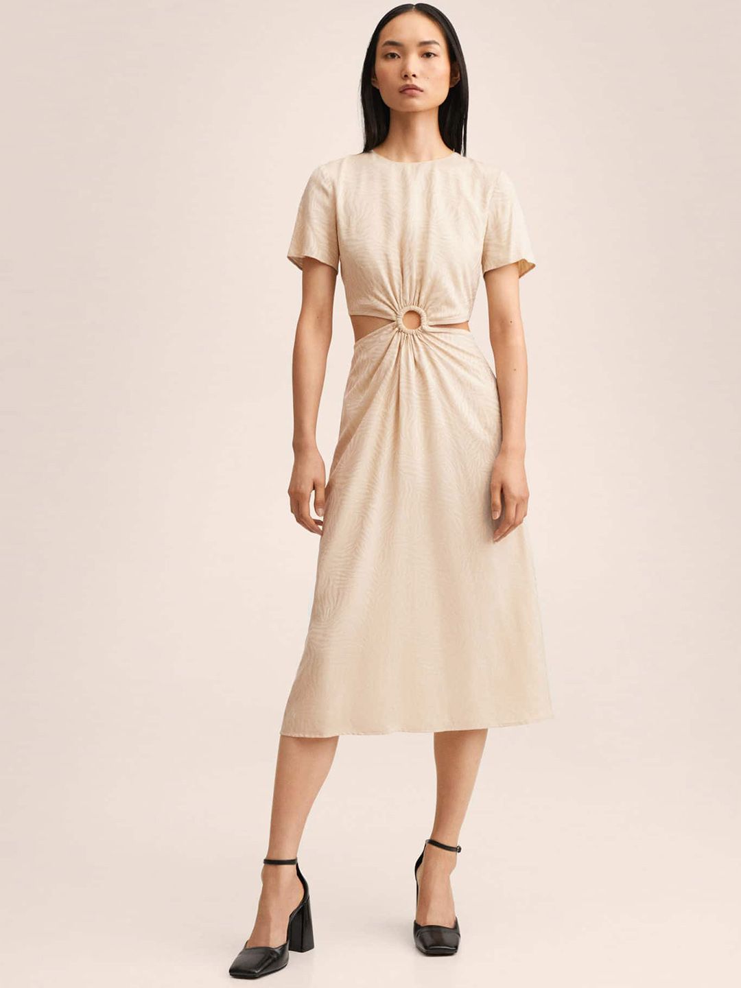 MANGO Women Off White Solid Cut-Outs A-Line Midi Dress Price in India