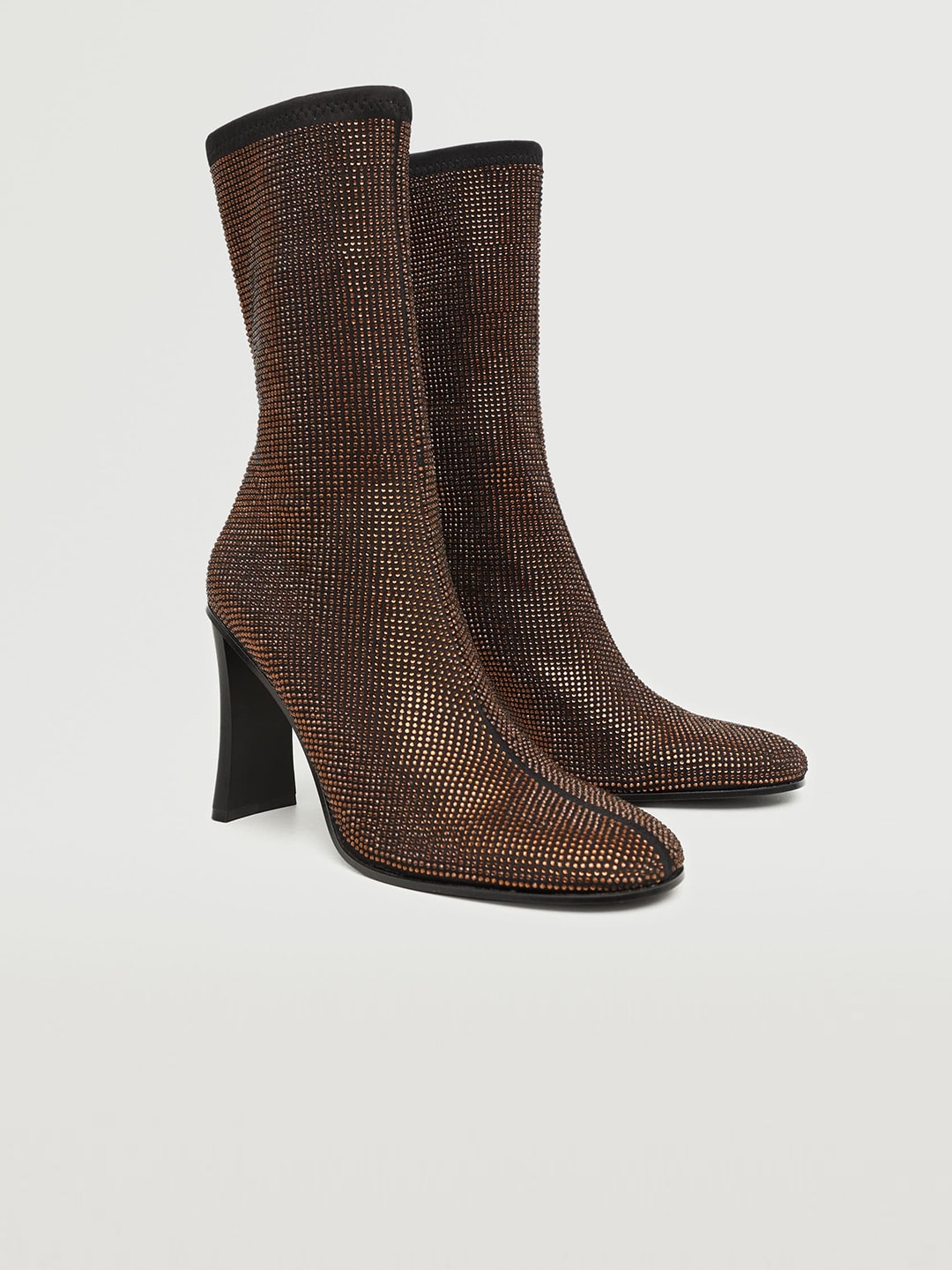 MANGO Women Black & Coffee Brown Embellished Mid-Top Block Heeled Regular Boots Price in India