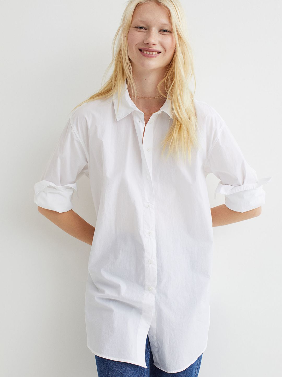 H&M Women White Long Cotton Shirt Price in India