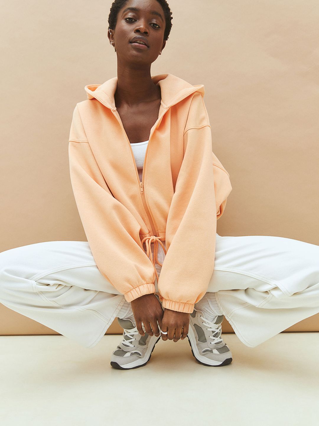 H&M Woman Orange Drawstring zip-through hoodie Price in India