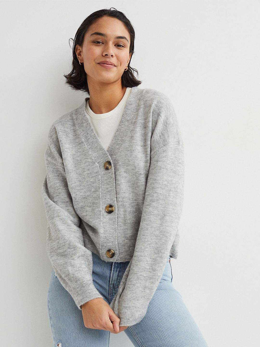 H&M Women Grey Solid V-Neck Cardigan Price in India