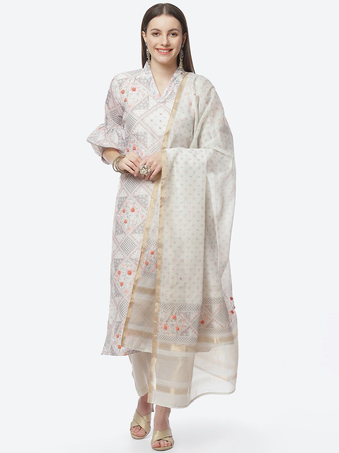 Biba Off White & Grey Printed Unstitched Dress Material Price in India