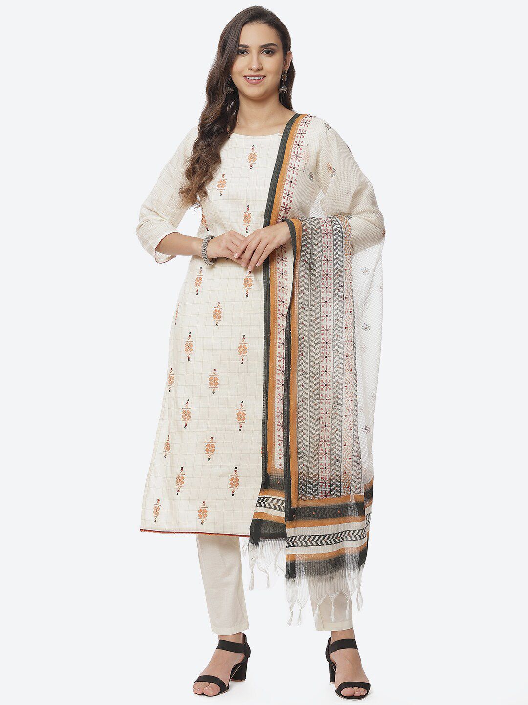Biba Off White & Camel Brown Pure Cotton Unstitched Dress Material Price in India