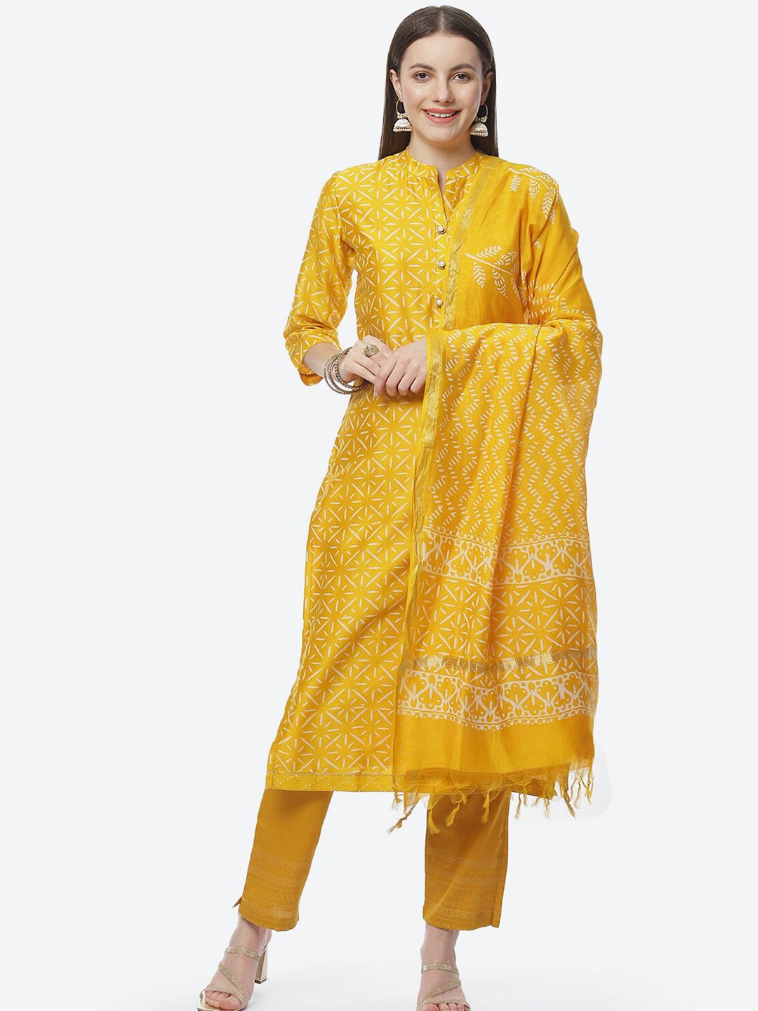 Biba Yellow & White Printed Unstitched Dress Material Price in India