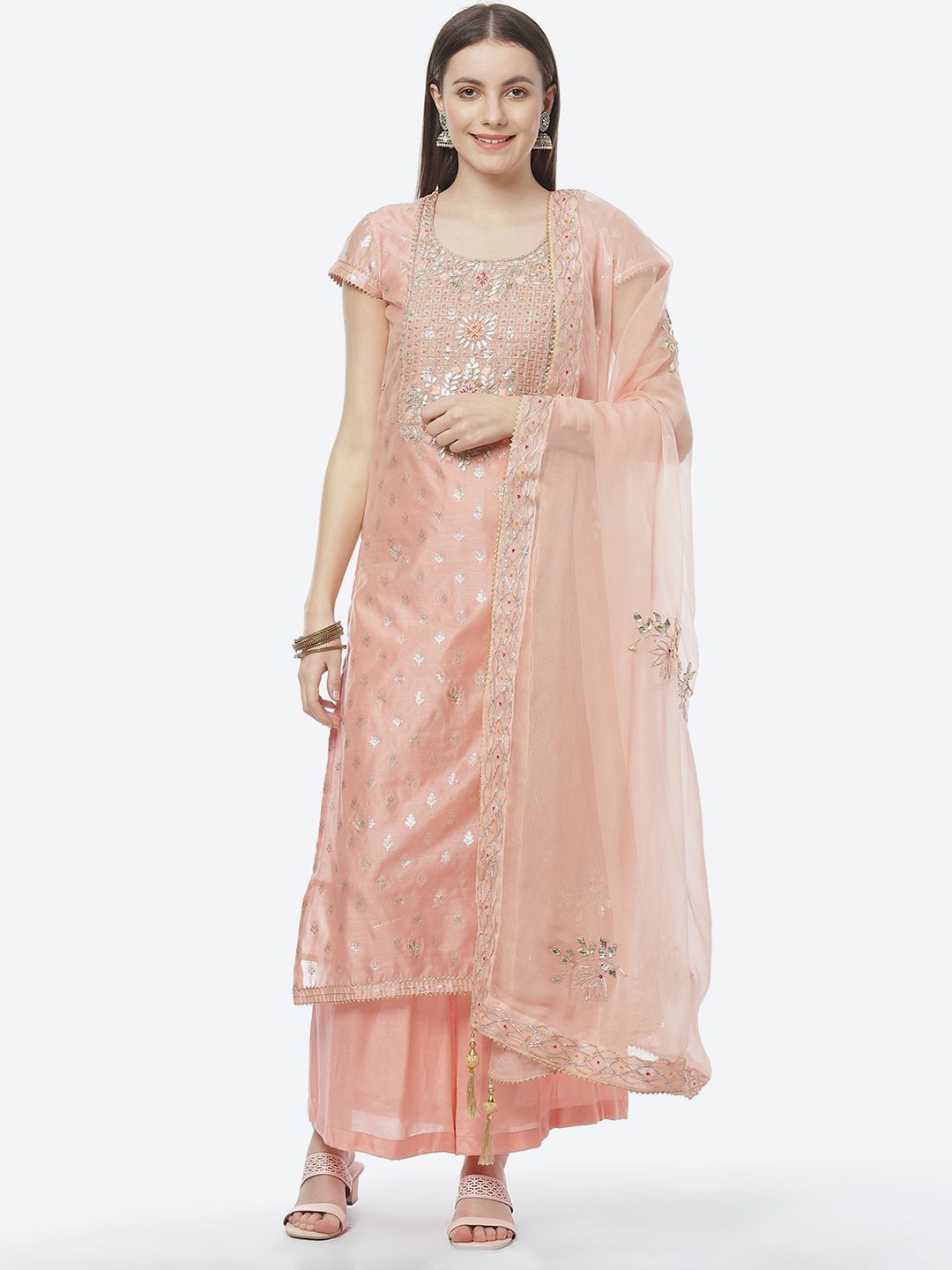 Biba Peach-Coloured & Silver-Toned Embroidered Unstitched Dress Material Price in India