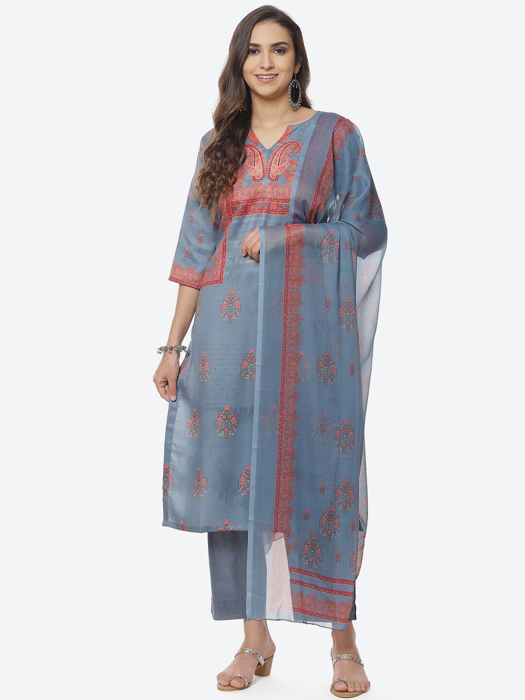 Biba Women Blue & Peach Coloured Printed Unstitched Dress Material Price in India