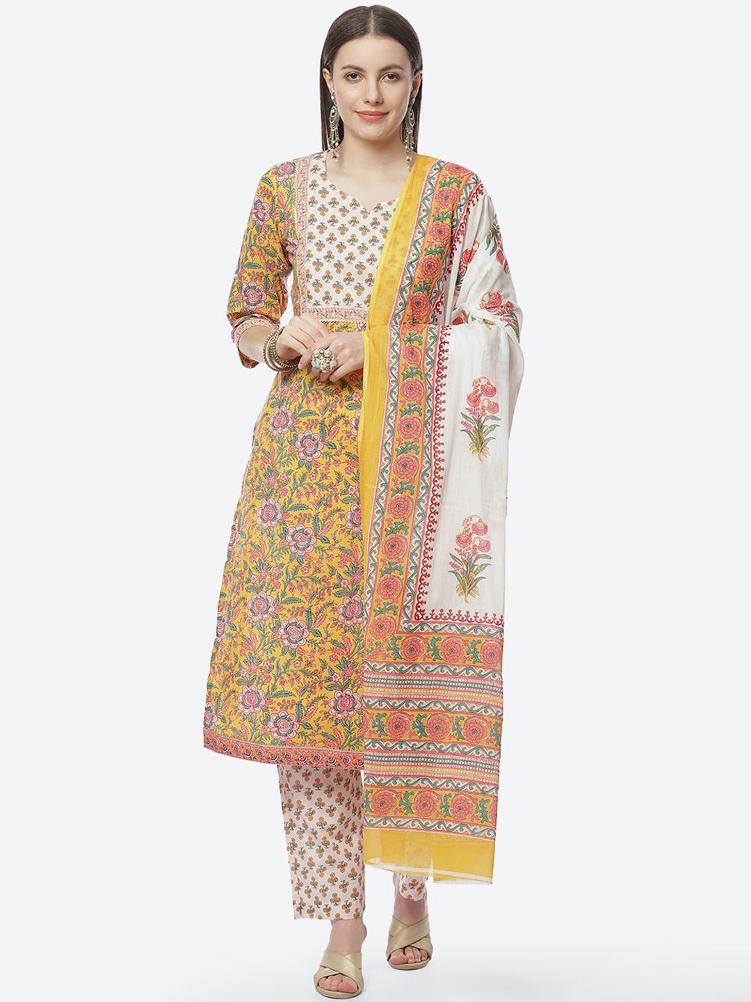 Biba Yellow & White Printed Pure Cotton Unstitched Dress Material Price in India