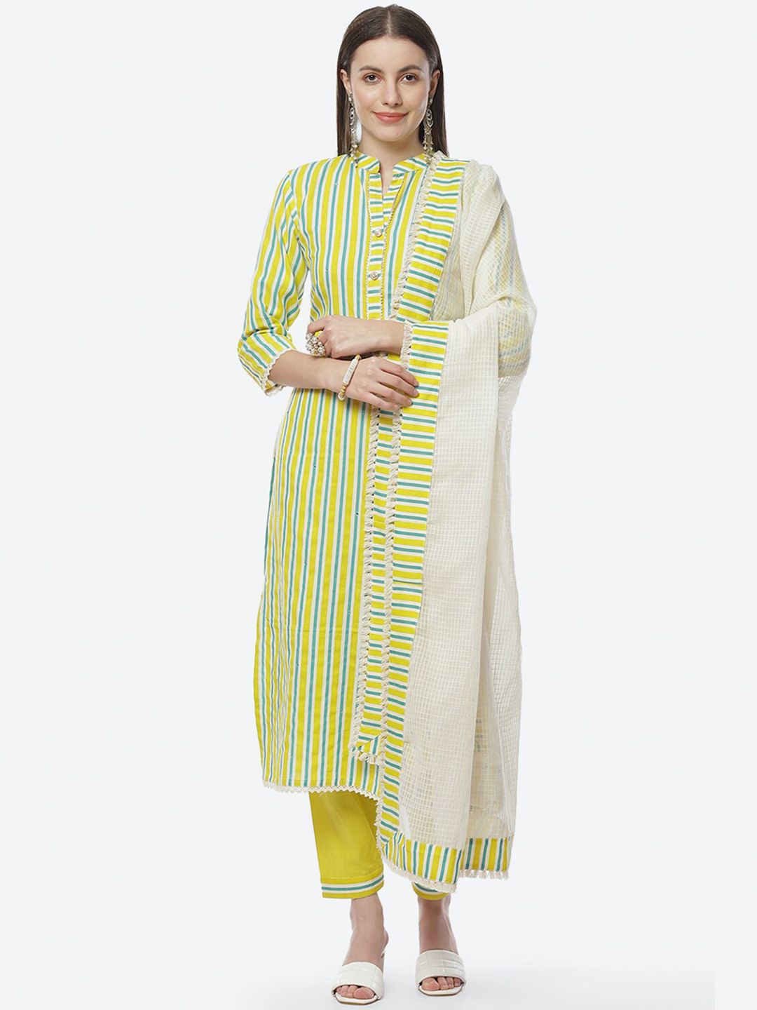 Biba Green & Yellow Printed Pure Cotton Unstitched Dress Material Price in India