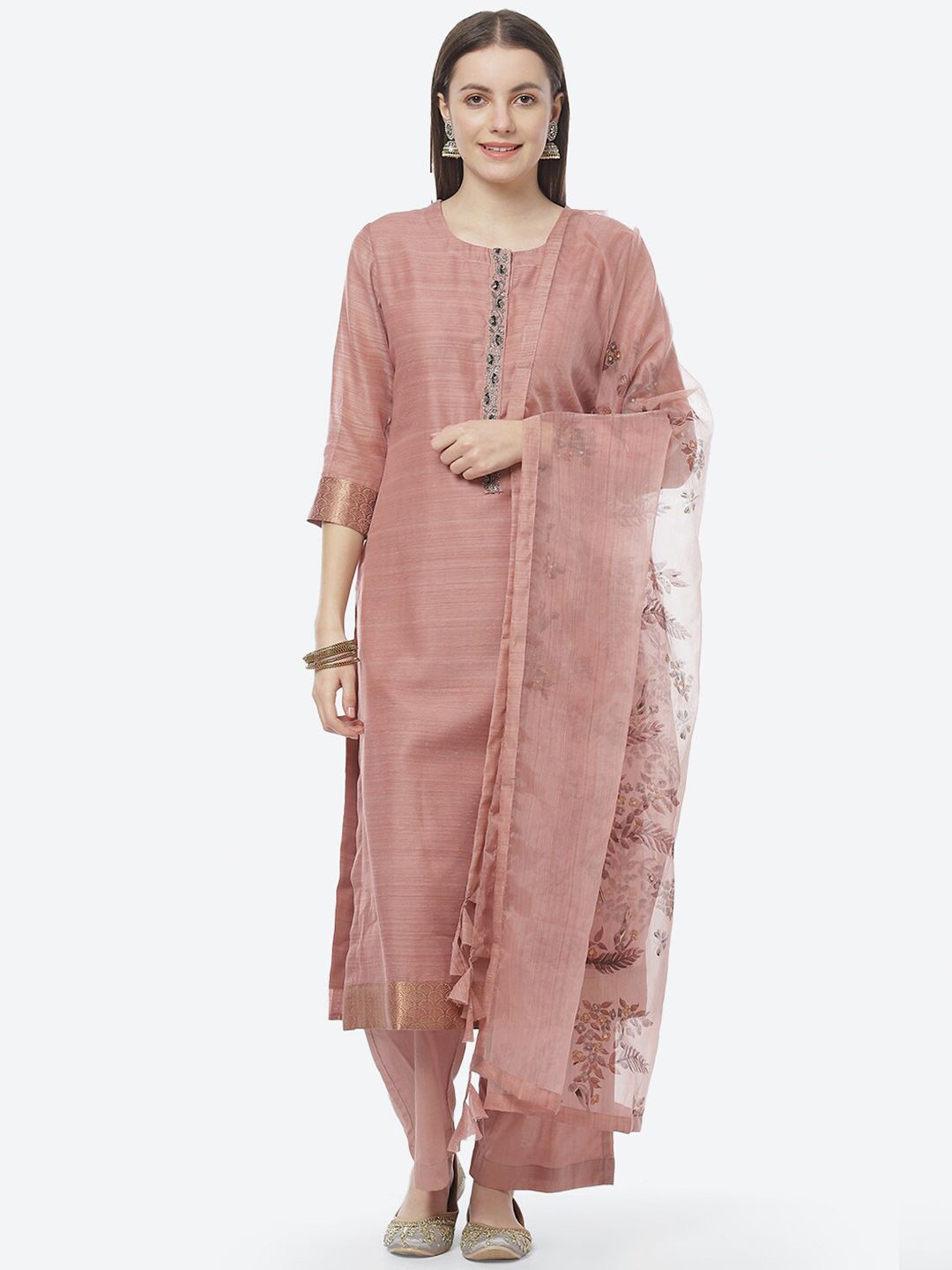 Biba Pink-Coloured & Silver-Toned Linen Unstitched Dress Material Price in India