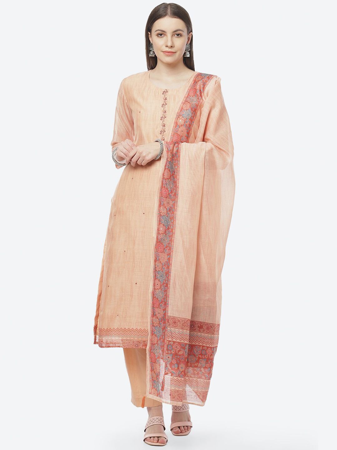 Biba Peach-Coloured & Red Printed Unstitched Dress Material Price in India