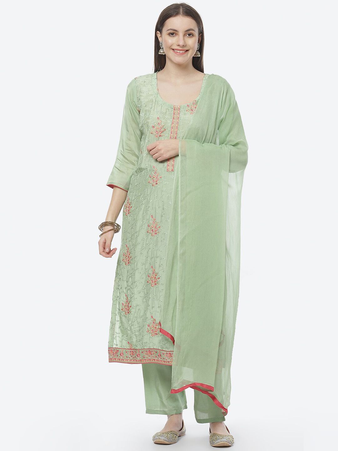 Biba Women Green Floral Printed & Embroidered Unstitched Dress Material Price in India