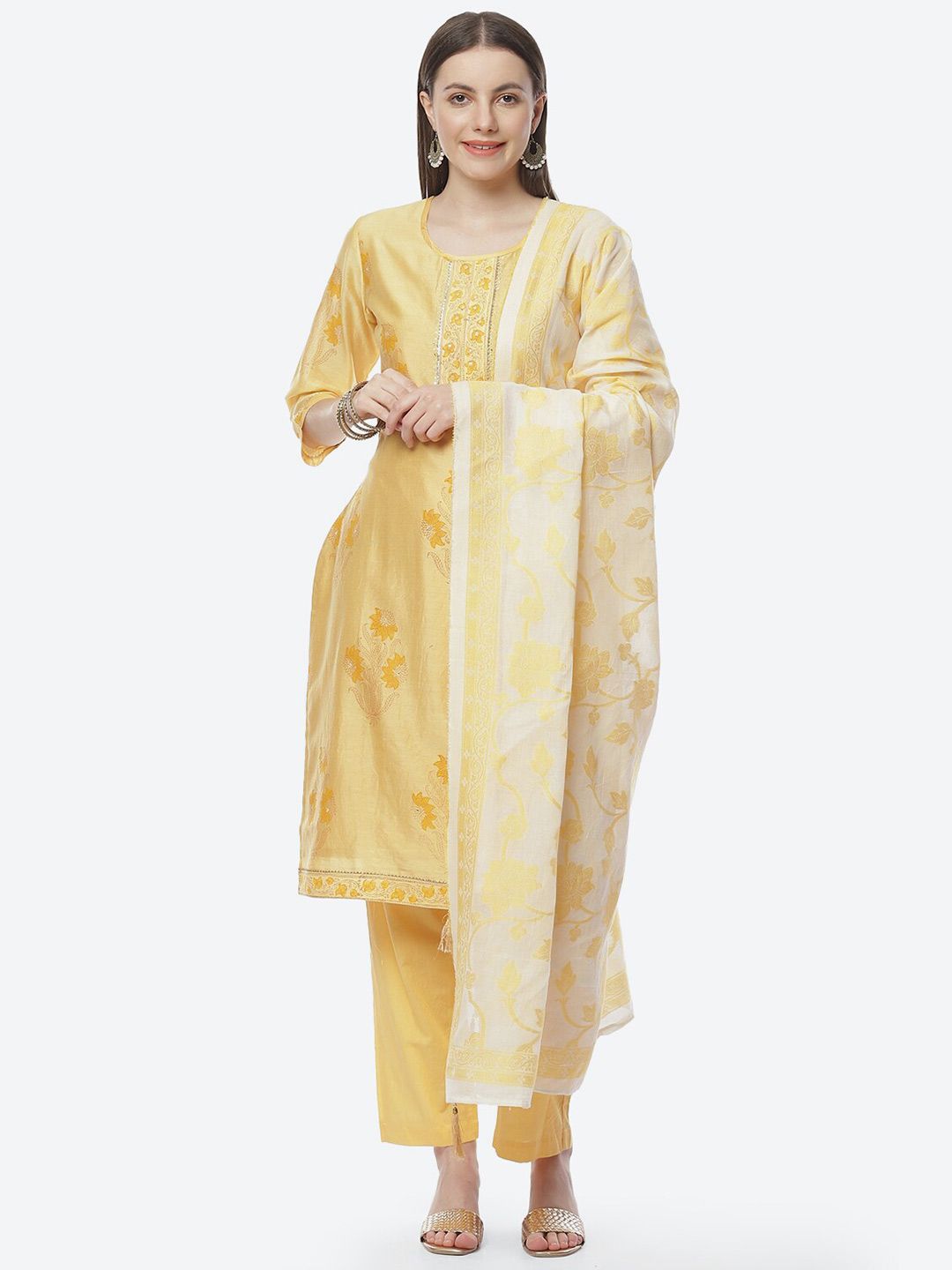 Biba Women Yellow & White Hand Block Printed Unstitched Dress Material Price in India