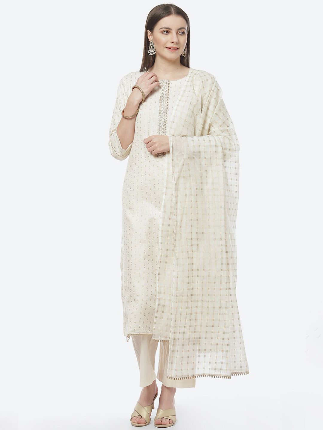 Biba Women Off White Ethnic Motif Printed Pure Cotton Unstitched Dress Material Price in India