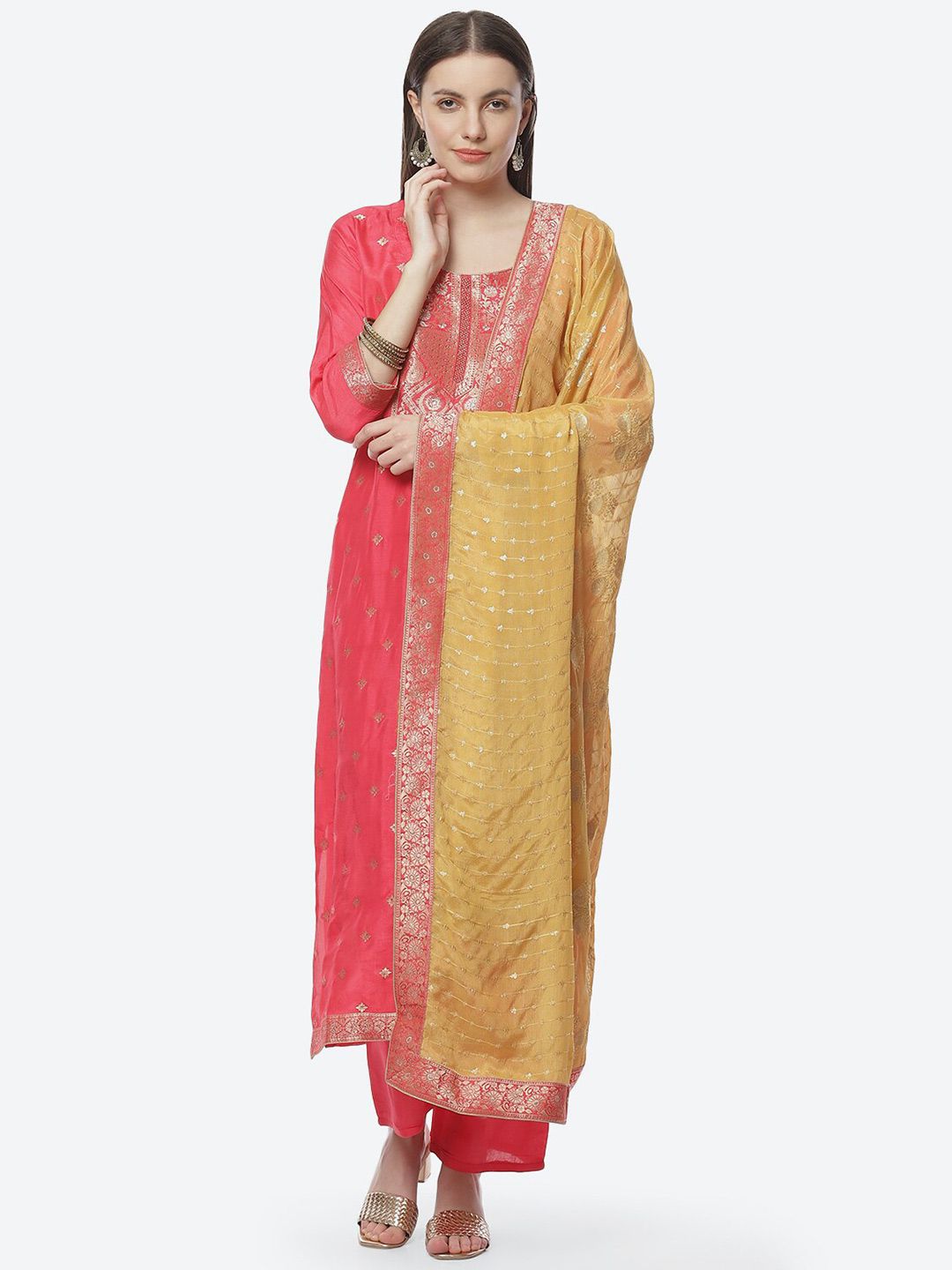 Biba Pink & Yellow Pure Silk Unstitched Dress Material Price in India