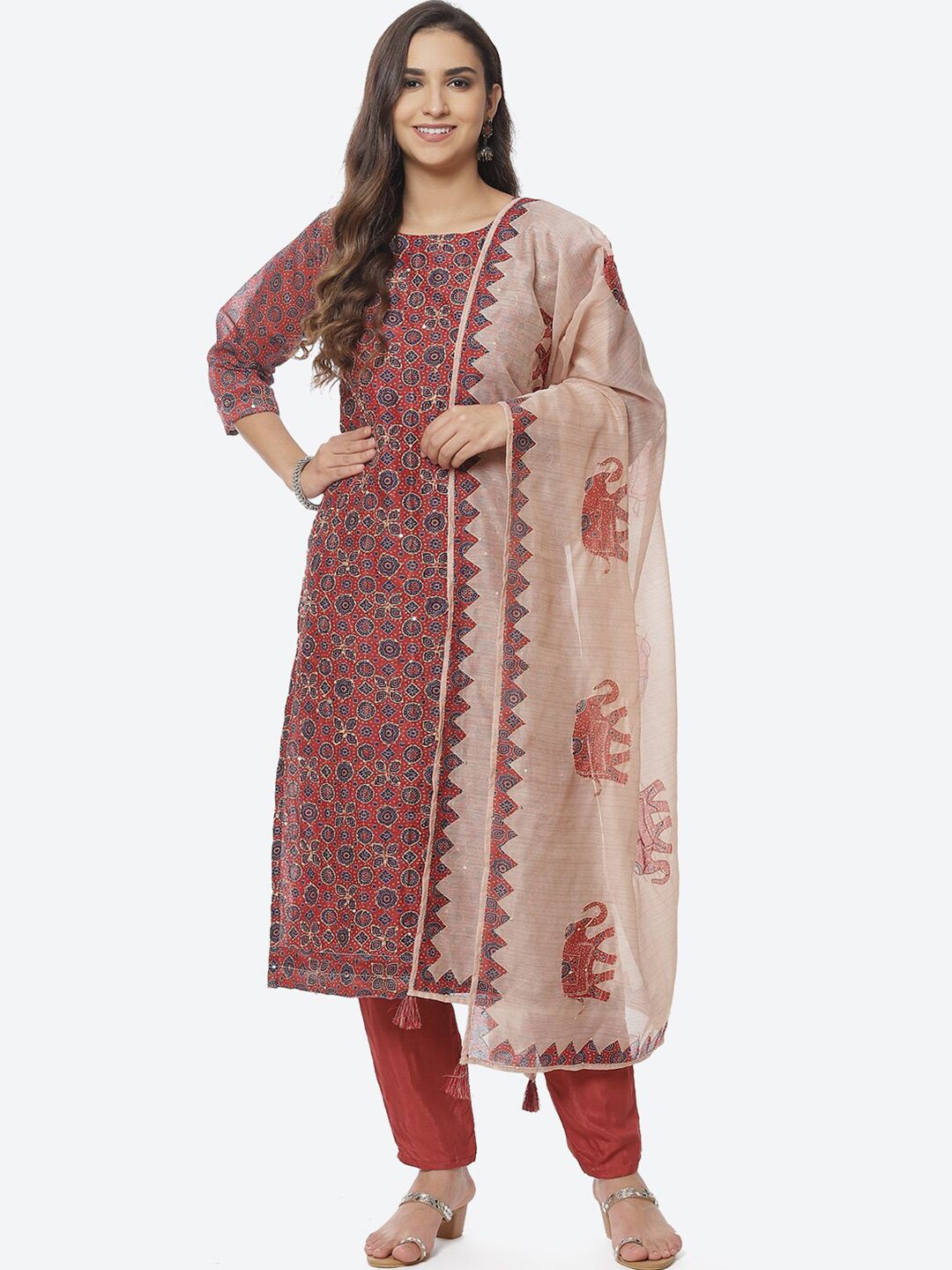Biba Maroon & Navy Blue Printed Unstitched Dress Material Price in India