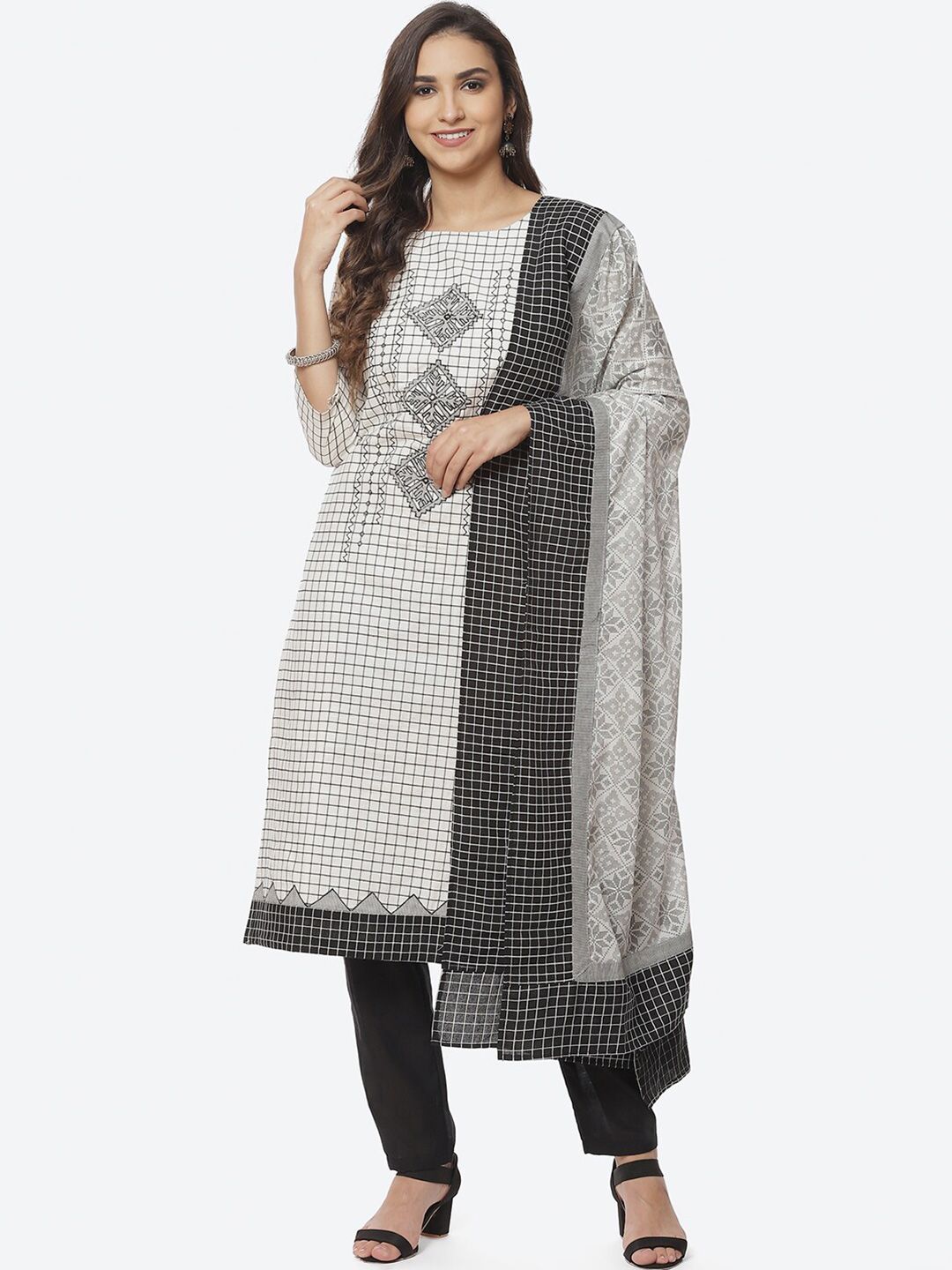 Biba White & Black Pure Cotton Unstitched Dress Material Price in India