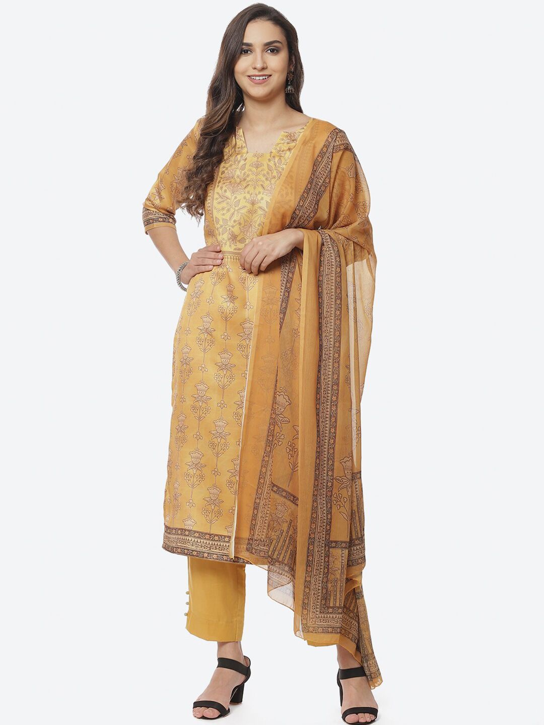 Biba Yellow & Brown Printed Unstitched Dress Material Price in India