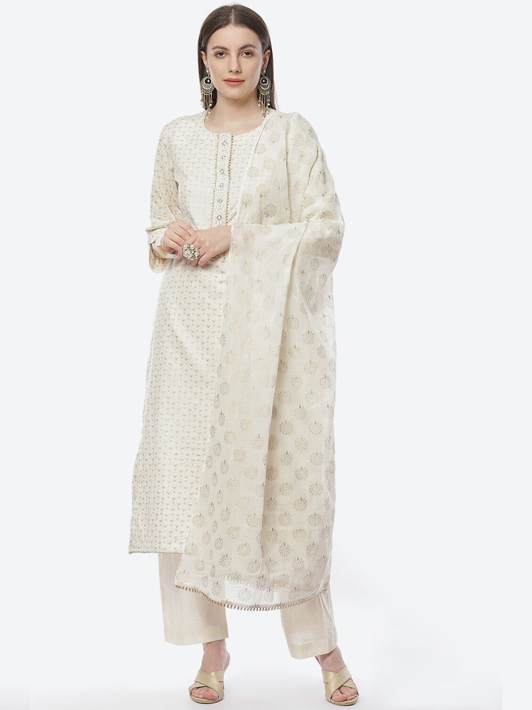 Biba Off White & Gold Toned Printed Pure Cotton Unstitched Dress Material Price in India