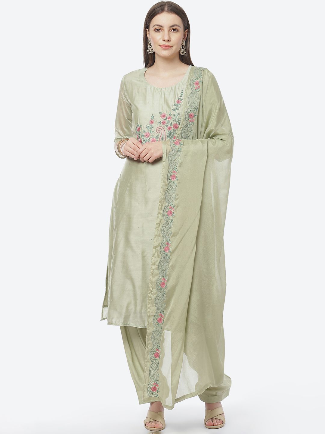 Biba Women Green & Pink Embroidered Unstitched Dress Material Price in India