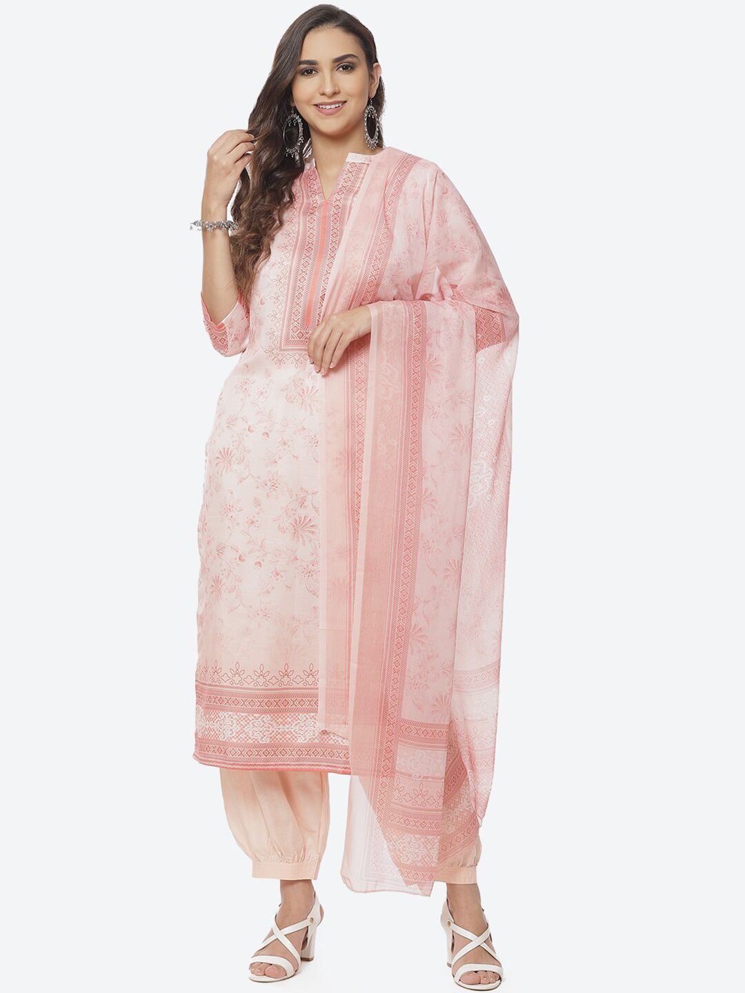 Biba Peach-Coloured & White Printed Unstitched Dress Material Price in India