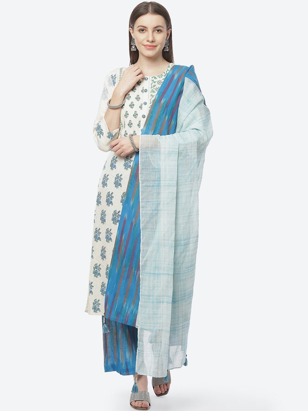 Biba Off White & Blue Pure Cotton Printed Unstitched Dress Material Price in India