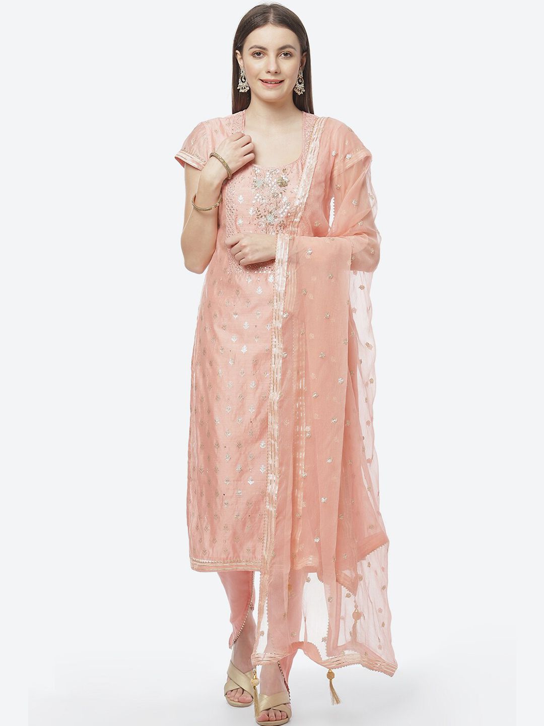 Biba Peach-Coloured & Gold-Toned Embroidered Unstitched Dress Material Price in India