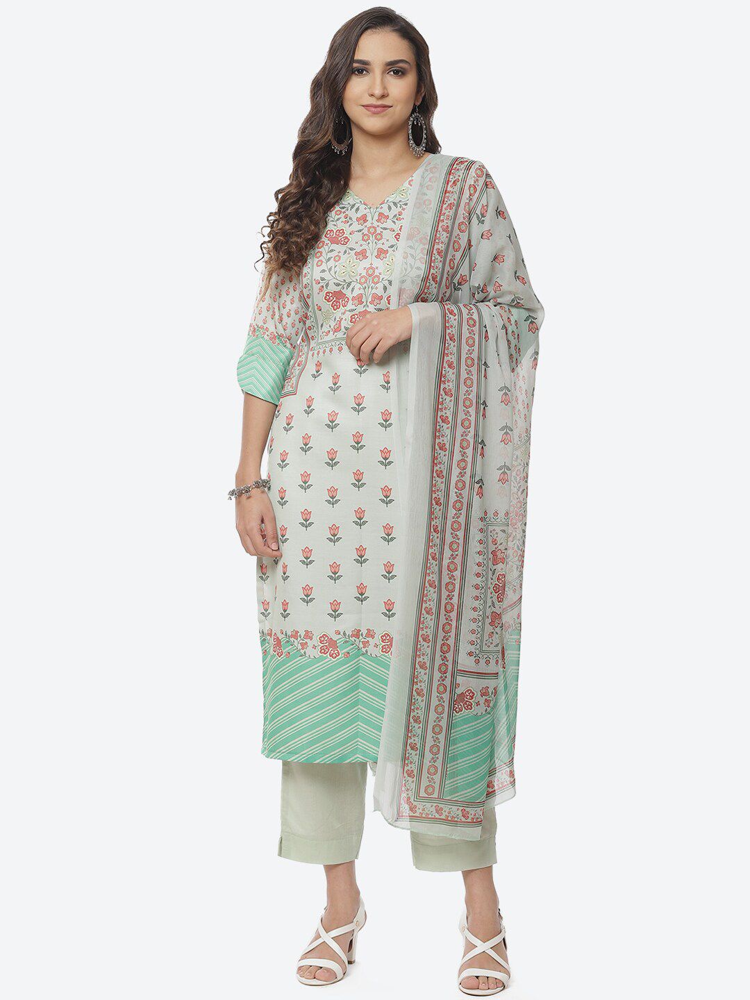 Biba Green & Red Printed Unstitched Dress Material Price in India