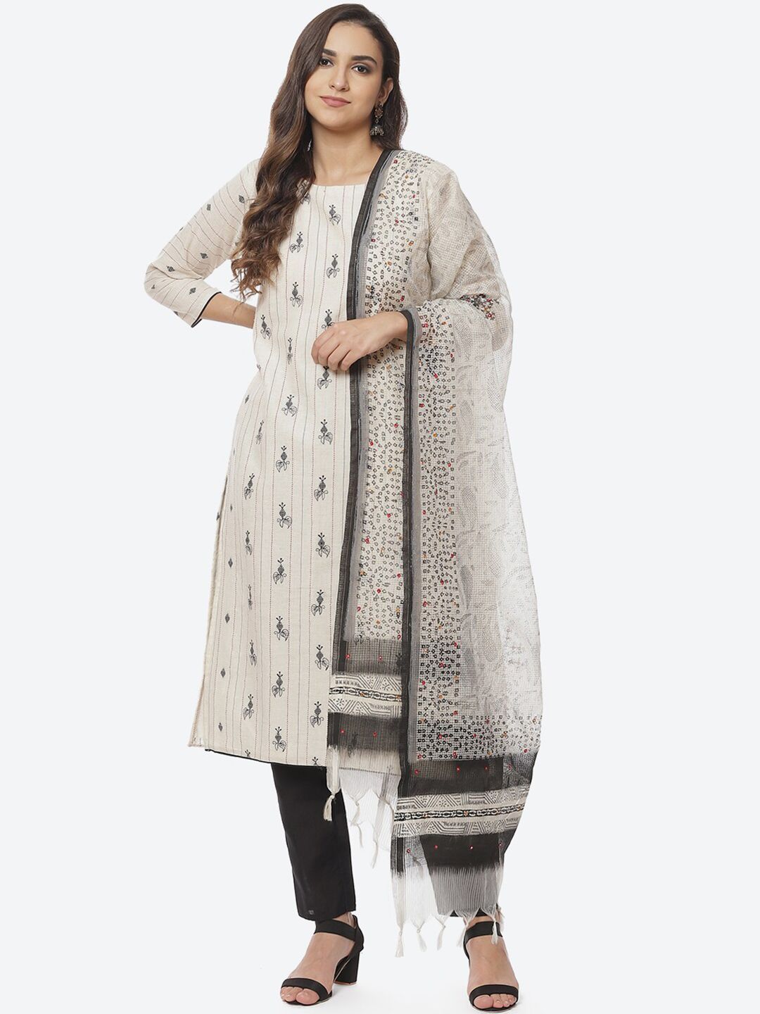Biba Women White Ethnic Motifs Printed Pure Cotton Unstitched Dress Material Price in India