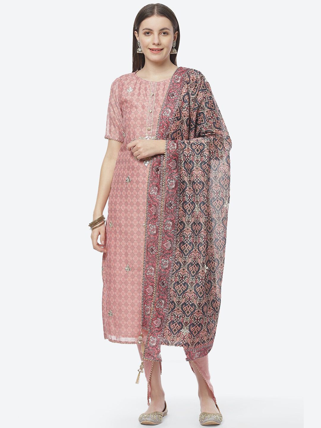 Biba Women Dusty Pink & Blue Embroidered Gotta Patti Unstitched Dress Material Price in India